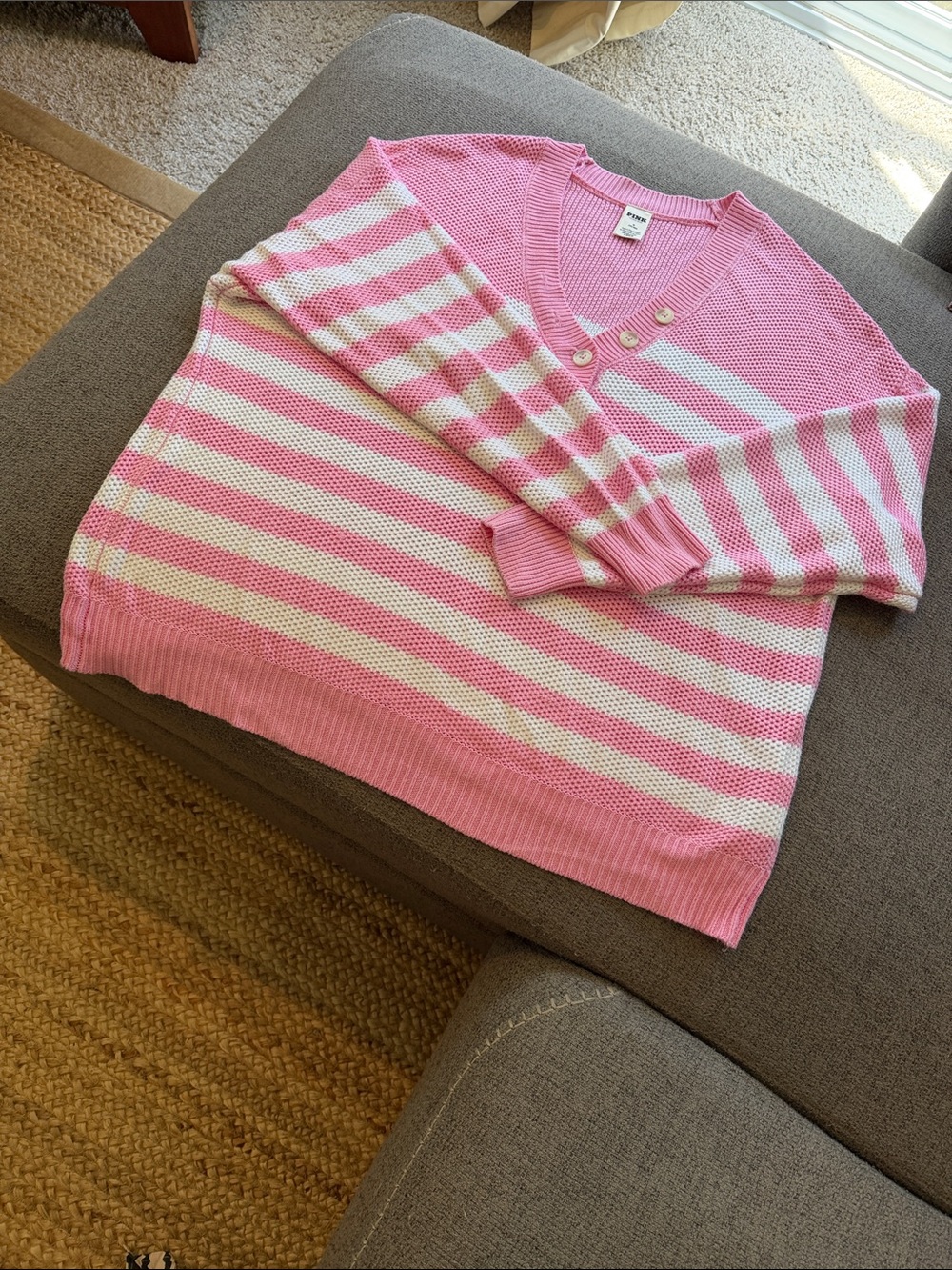 PINK Victoria's Secret Pink & White Striped V-Neck Button Sweater